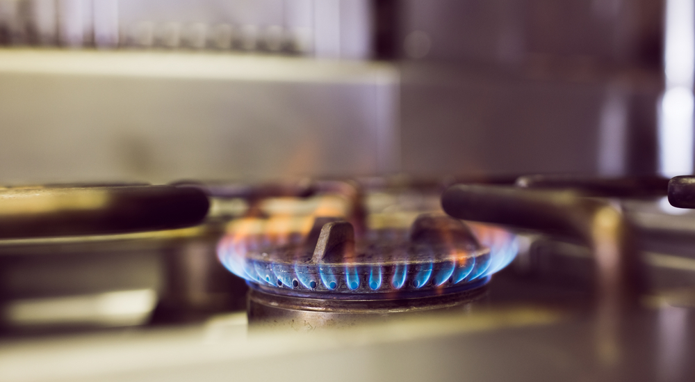 A closeup of a gas stove burner that's lit